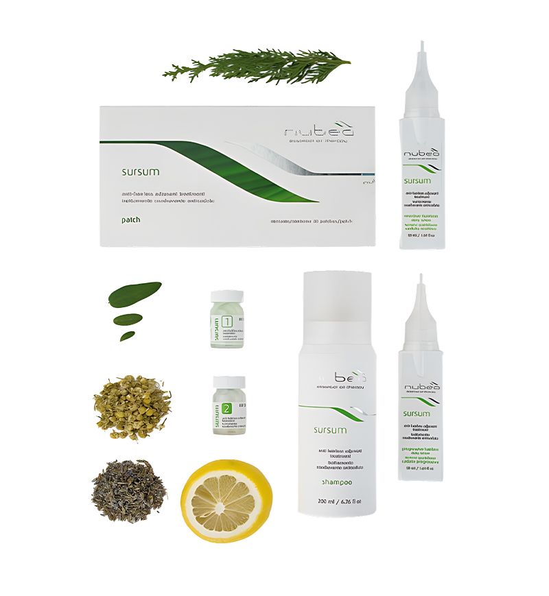 Nubea SURSUM Set mit Shampoo, Ampullen und Patch. Verschiedene Kräuter und Zitrone. Produktbeschriftung und Logo.