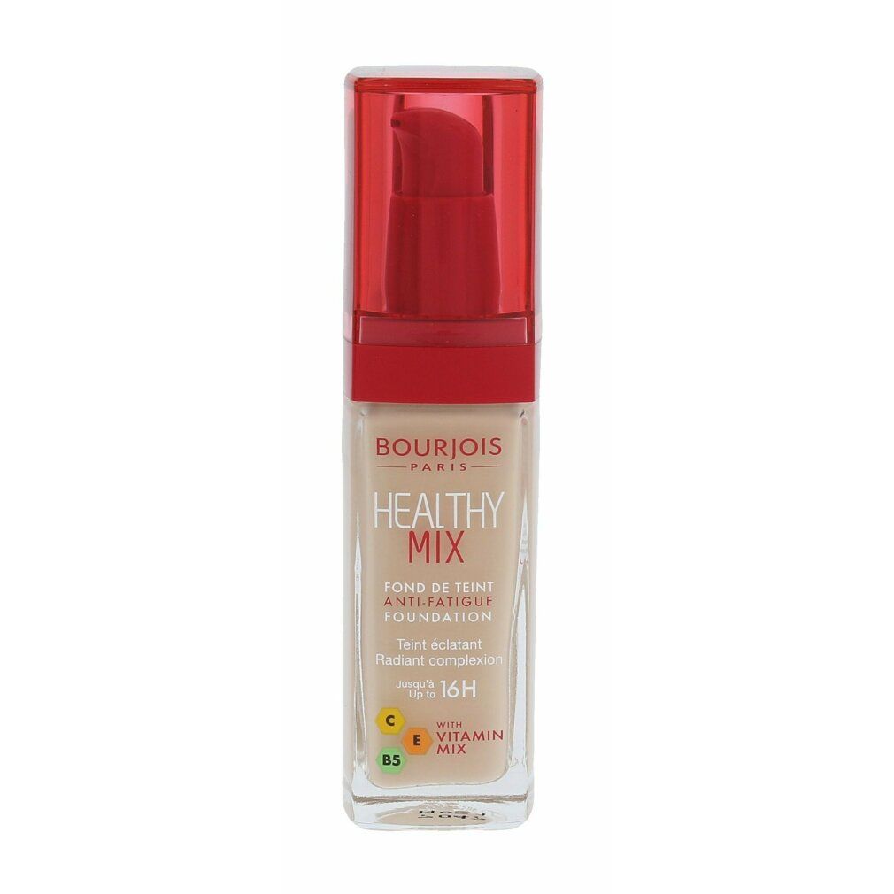 Flüssiges Make-up in einer transparenten Flasche mit rotem Deckel. Aufschrift: Healthy Mix, Anti-Fatigue Foundation. Enthält Vitamine.