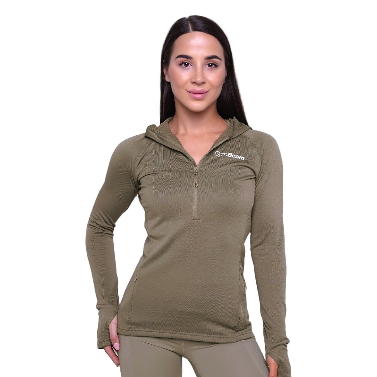 GymBeam Sweatshirt Damen slim mit halbem Reißverschluss und Taschen in Vetiver 1 St