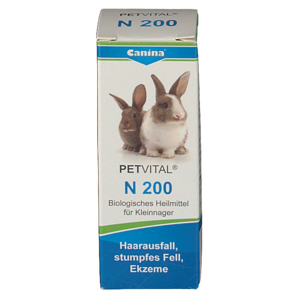 Karton von PETVITAL N 200 Globuli. Abgebildet: Kaninchen. Produktname, Indikationen: Haarausfall, stumpfes Fell, Ekzeme.