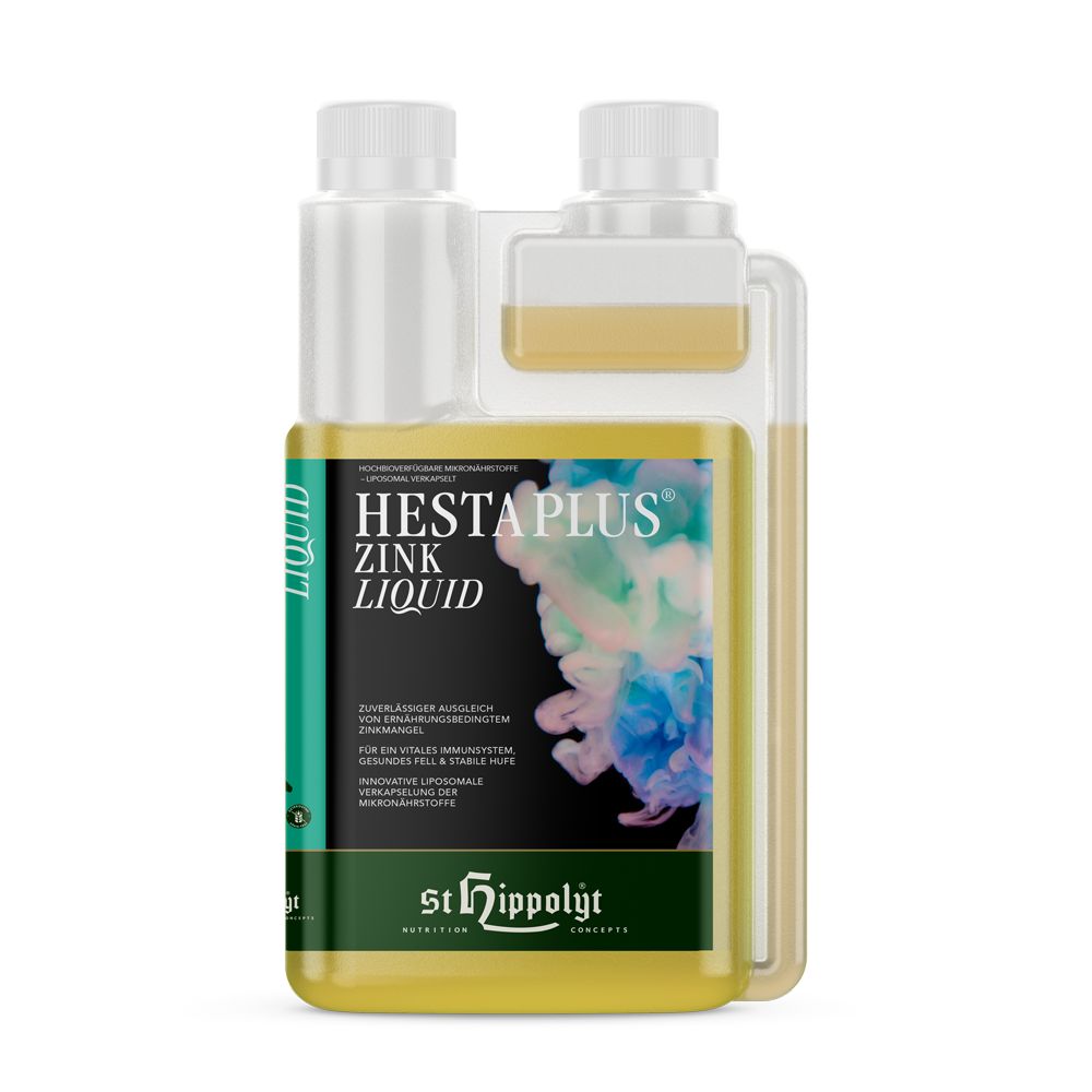 Flüssiges Ergänzungsfuttermittel. Hesta Plus Zink Liquid. Zwei Flaschen, eine mit Produkt, eine mit Flüssigkeit. Grün-gelbes Etikett, Schriftzug.