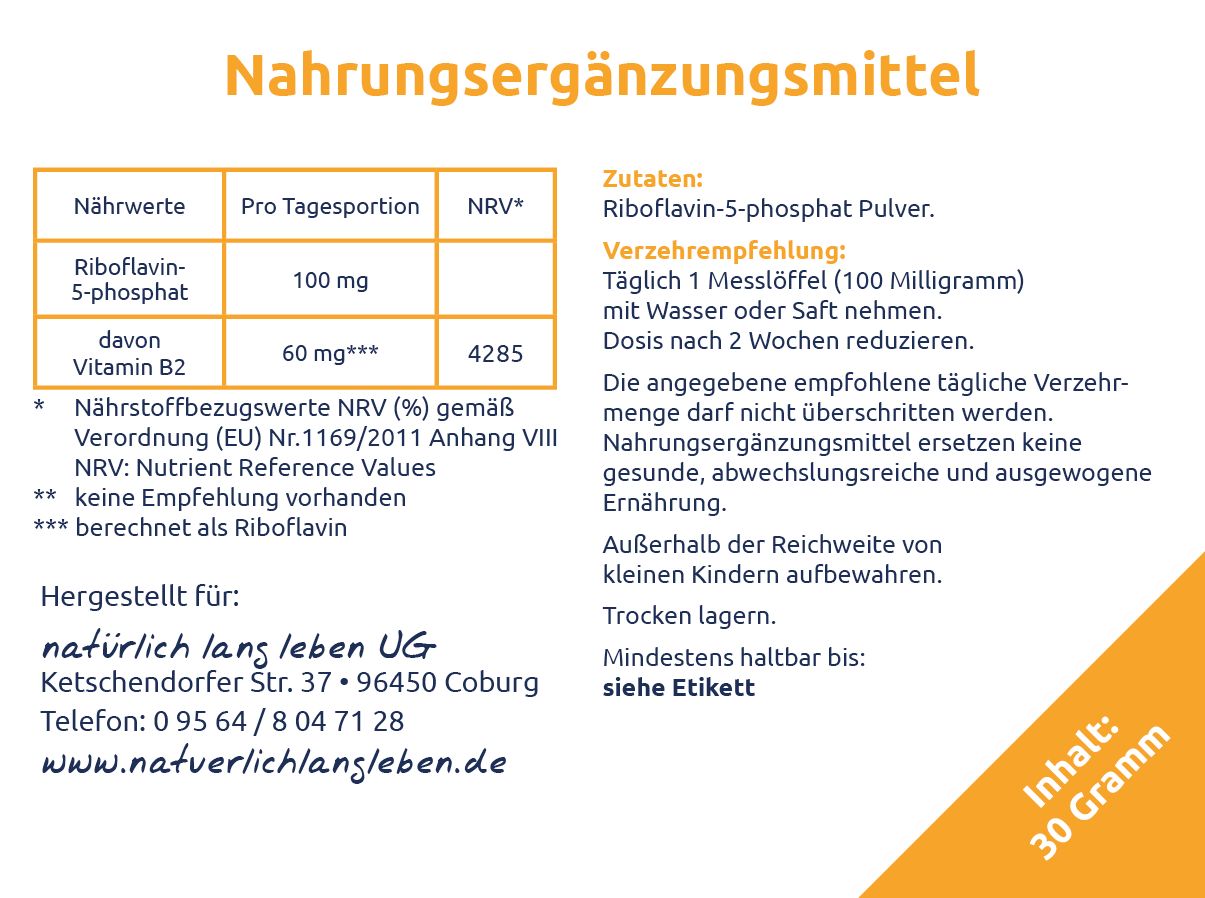 Tabellendarstellung mit Nährwertangaben zu Riboflavin-5-phosphat. Text: Nahrungsergänzungsmittel. Hersteller: natürlich lang leben UG.