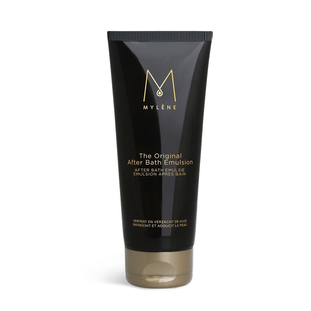 Schwarze Tube mit goldfarbenem Deckel. Aufschrift: MYLÈNE, The Original After Bath Emulsion. Hydratisierend & erfrischend.