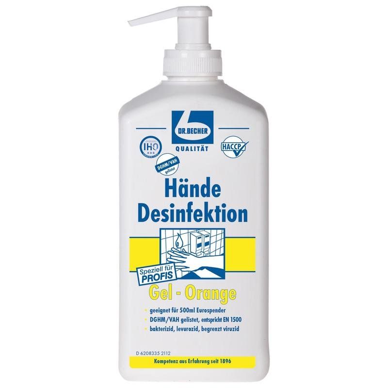 Weiße Flasche mit Spender. Aufschrift: Hände Desinfektion Gel-Orange. Logos: Dr. Becher, IHO, HACCP.