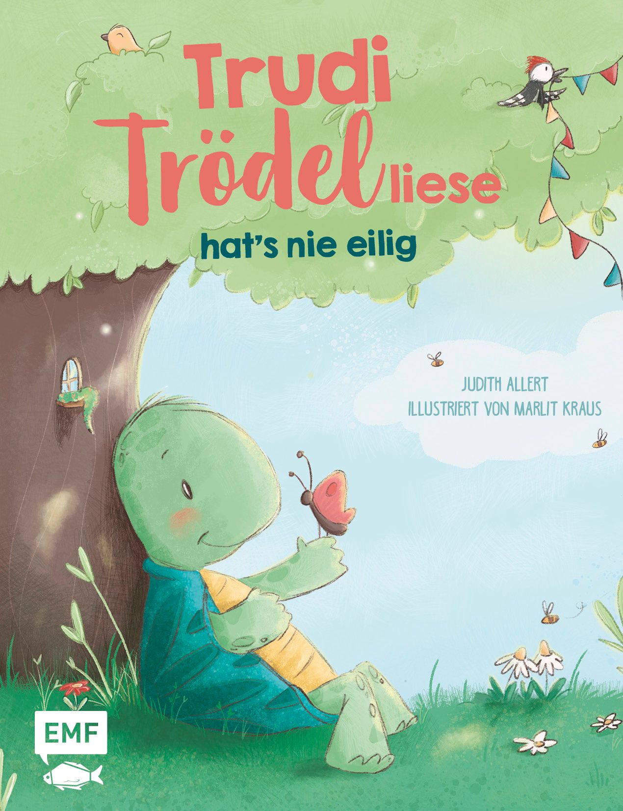 Buchcover mit Titel "Trudi Trödelliese hat's nie eilig". Illustration einer Schildkröte, die einen Schmetterling betrachtet.