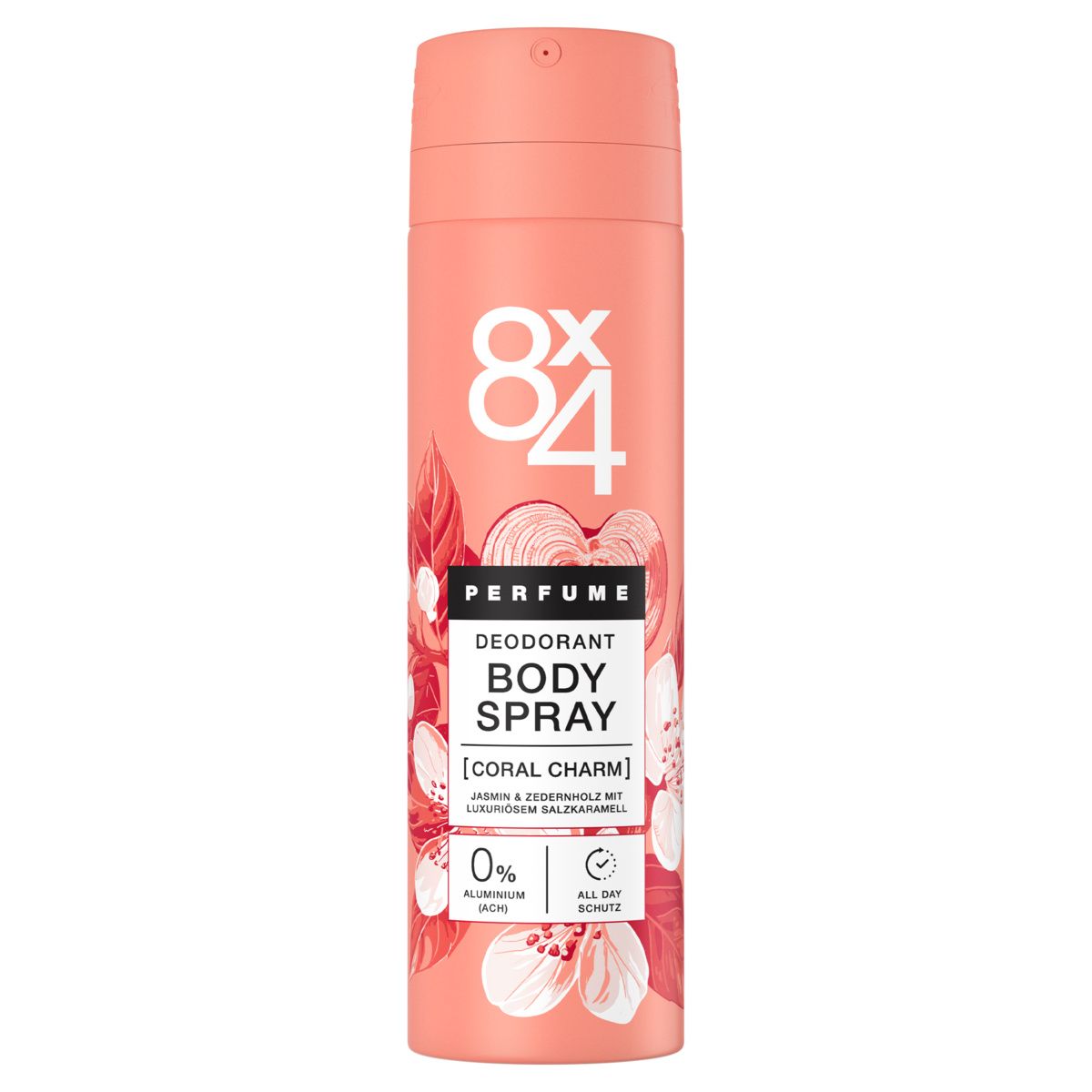 Eine Dose 8X4 Body Spray Coral Charm in Rosa. Aluminiumfrei, 0% Aluminium, 24h Schutz.