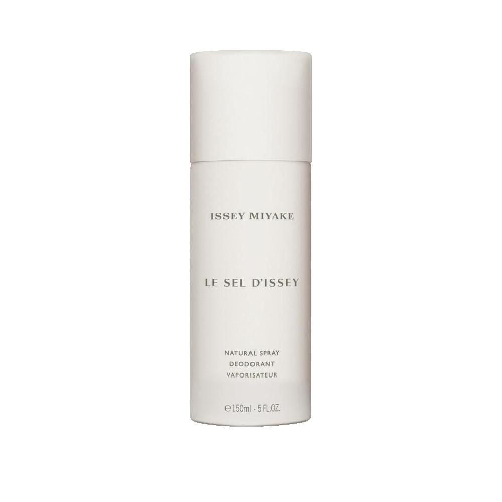 Deospray von Issey Miyake, Le Sel d'Issey. Weißes zylindrisches Behältnis mit Deckel. Produktname und Text aufgedruckt.