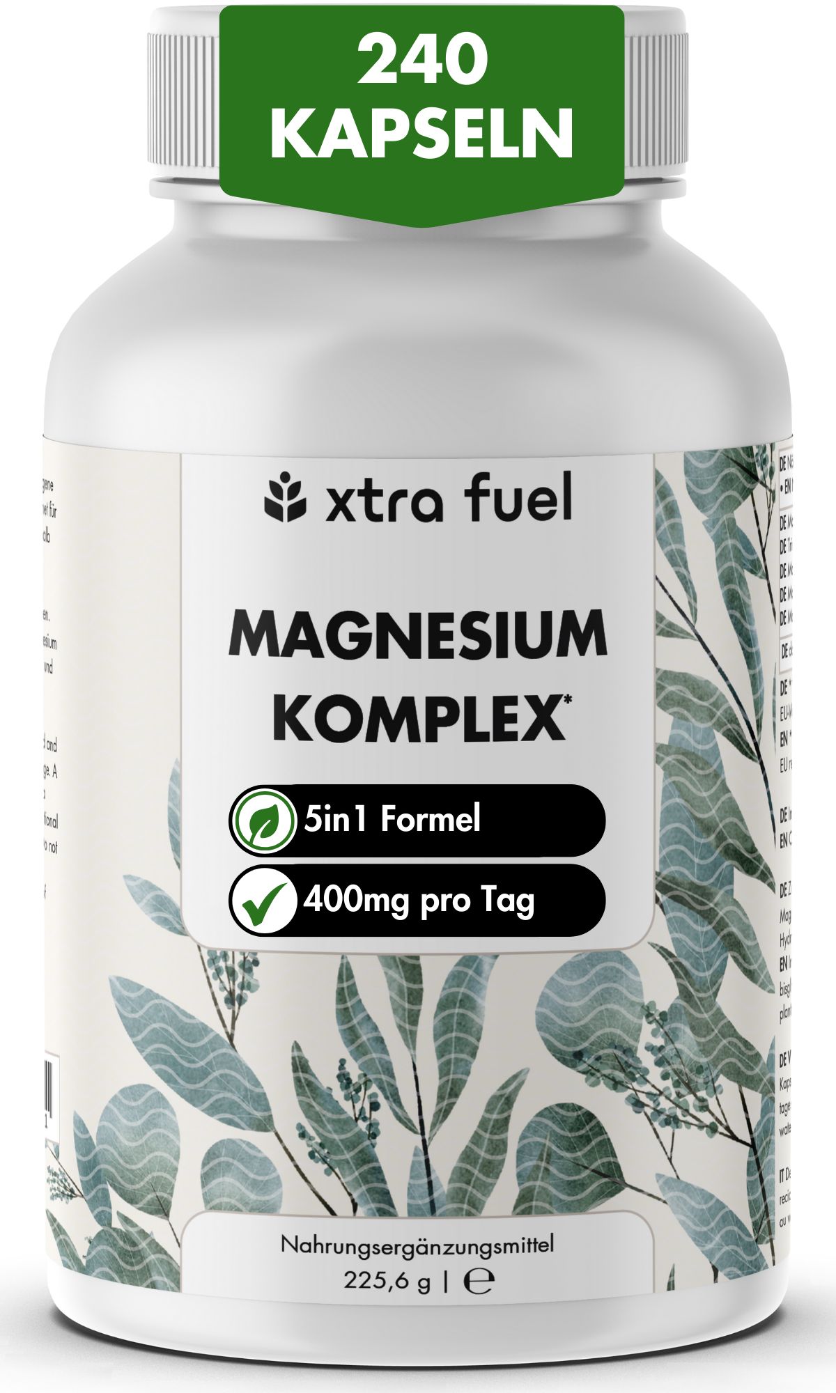 Weiße Flasche mit Kapseln. Aufschrift: XTRA FUEL Magnesium Komplex. 240 Kapseln. 5in1 Formel. 400mg pro Tag.