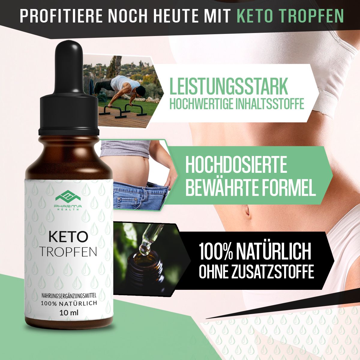Keto Tropfen Flasche mit Text und Bildern. Text: Leistungsstark, hochdosiert, 100% natürlich. Bilder: Sportler, Bauch, Tropfen.