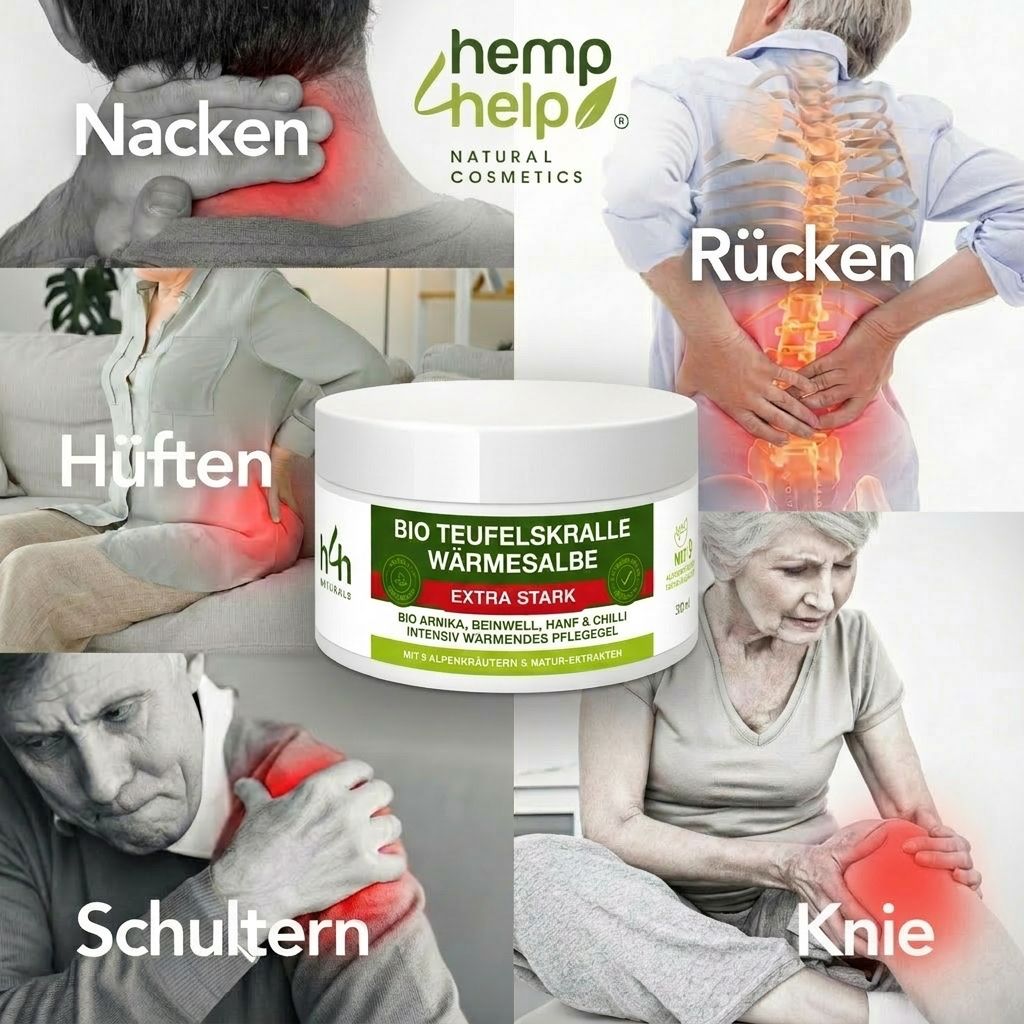 Weißes Tiegel mit grünem Etikett. Text: BIO TEUFELSKRALLE WÄRMESALBE EXTRA STARK. Aufschrift: H4H Naturals. Abgebildet: Schmerzende Körperstellen.