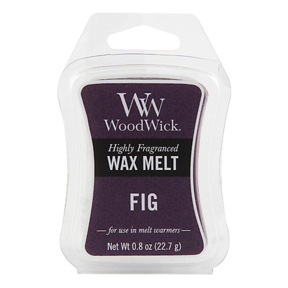 Wax Melt in Kunststoffverpackung. Aufschrift: WoodWick, Highly Fragranced Wax Melt, FIG. Nettogewicht 0.8 oz (22.7 g).