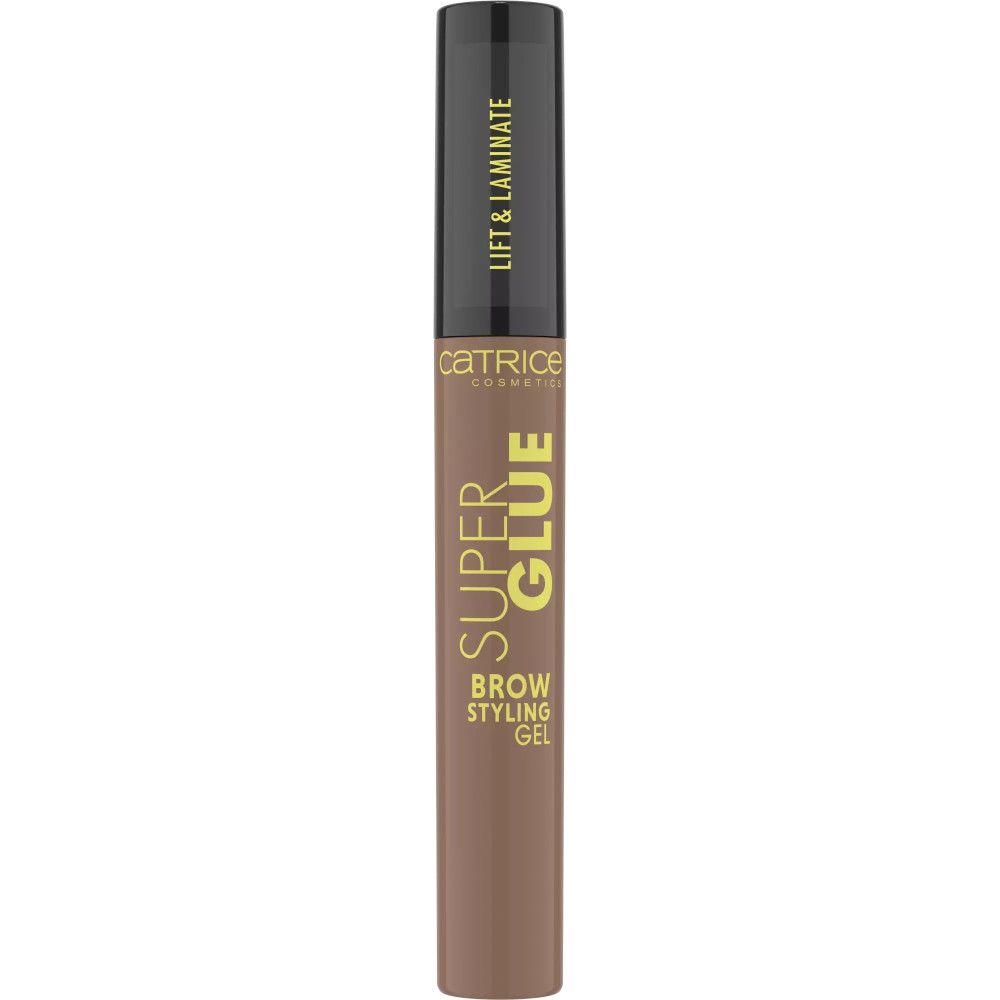 Brauen-Styling-Gel. Tube mit Aufschrift: SUPER GLUE, BROW STYLING GEL, Catrice Cosmetics, LIFT & LAMINATE.