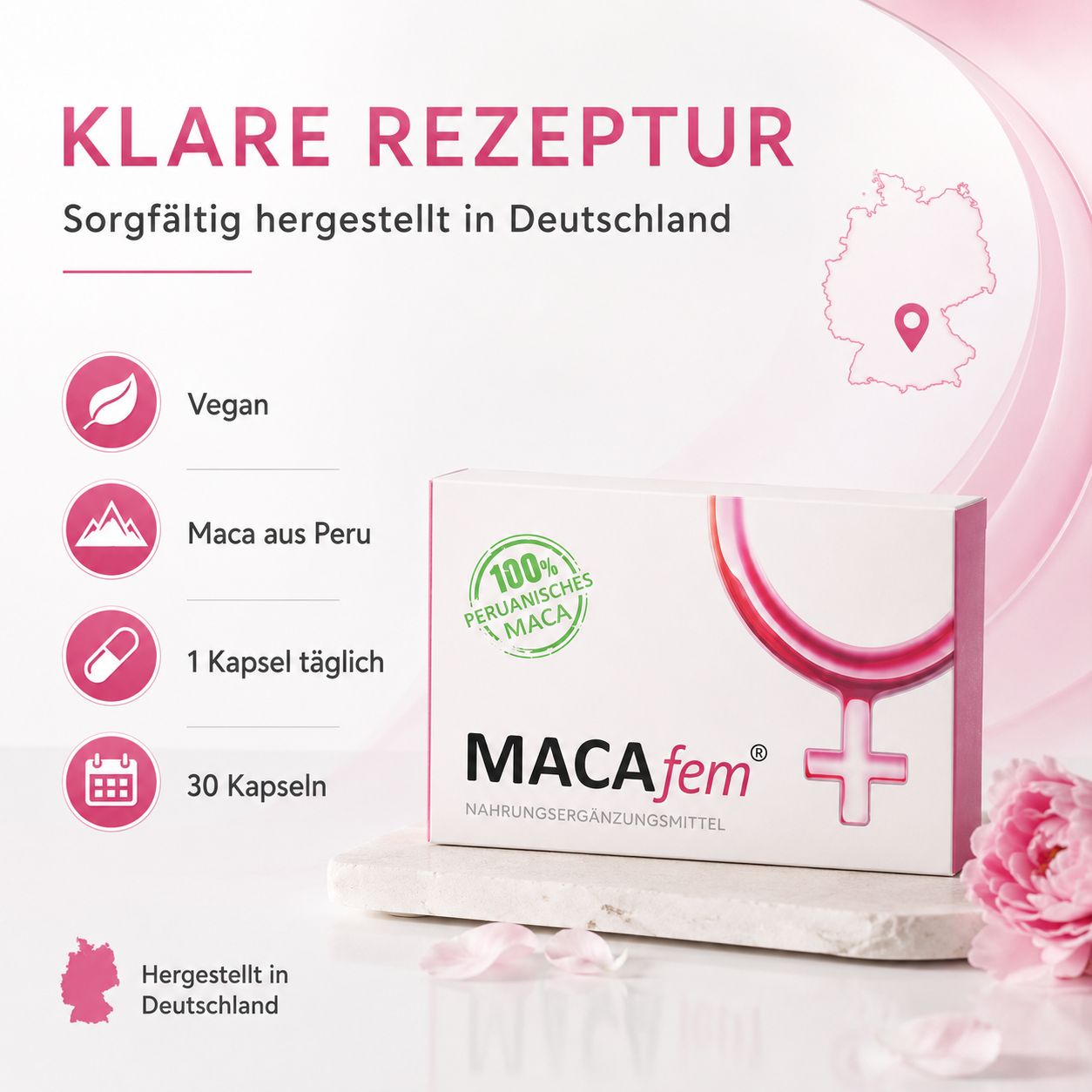 MACAfem Kapseln: 100% peruanisches Maca, 30 Kapseln. Für Frauen.