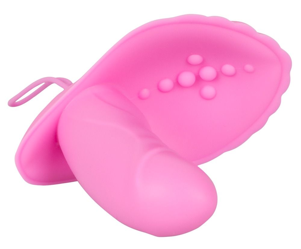 Rosa Vibrator. Zwei Teile, muschelförmig. Oberfläche mit kleinen Erhebungen. Mit Schlaufe. Keine weiteren Details.