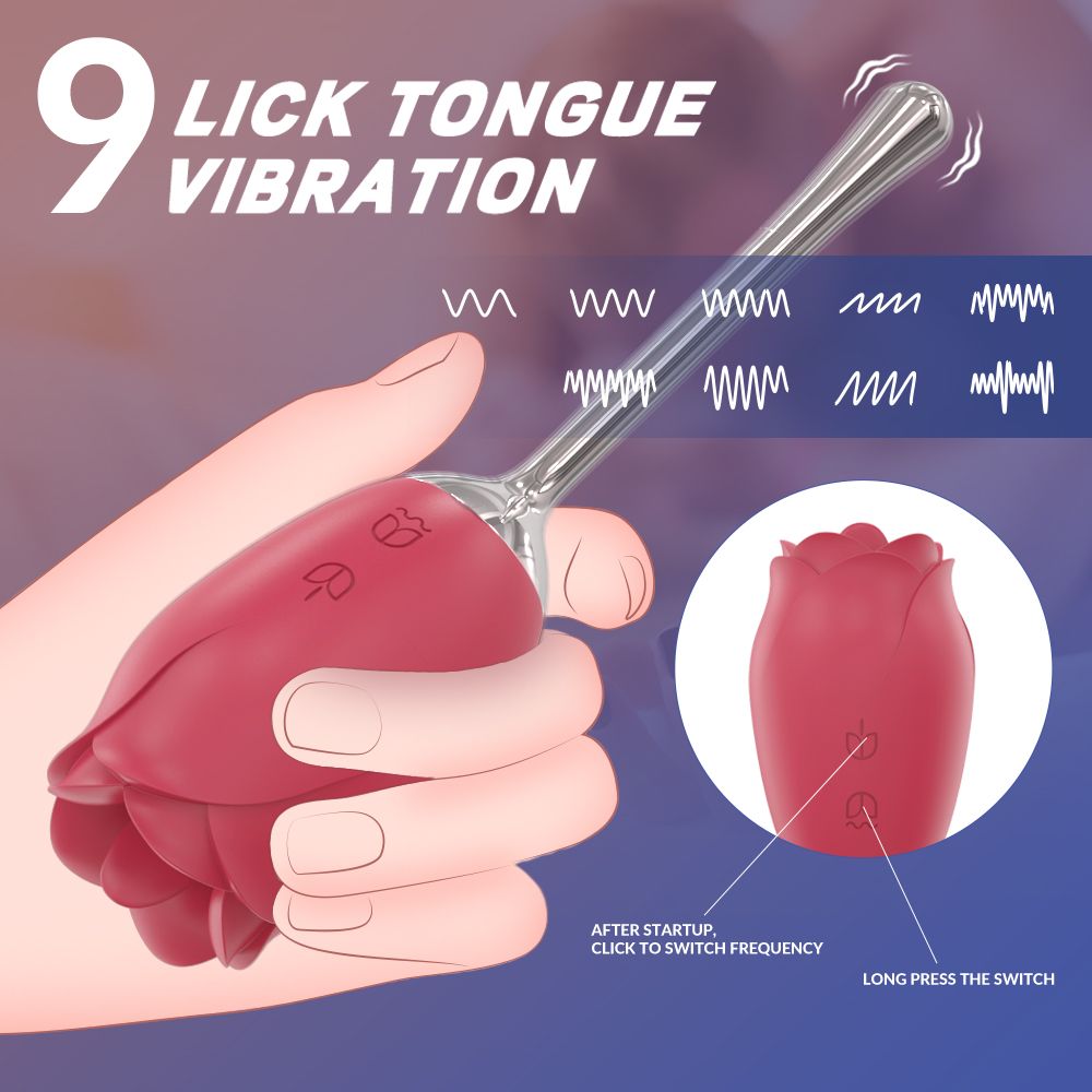Vibrator in Rosenform mit Stiel. Text: 9 Lick Tongue Vibration. Illustrationen von Vibrationsmustern.