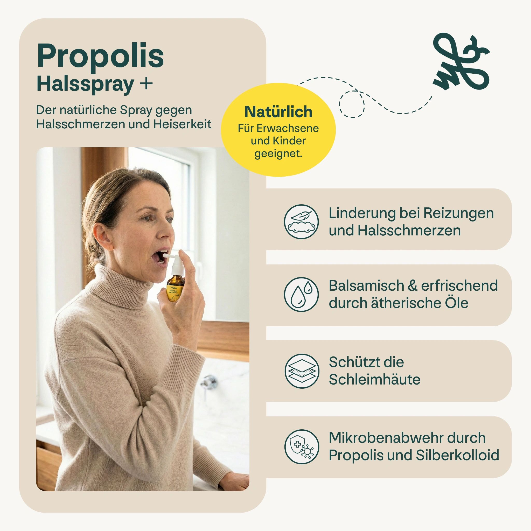 Frau sprüht Heybee Propolis Halsspray+ in den Mund. Natürlicher Spray gegen Halsschmerzen und Heiserkeit. Für Erwachsene und Kinder.