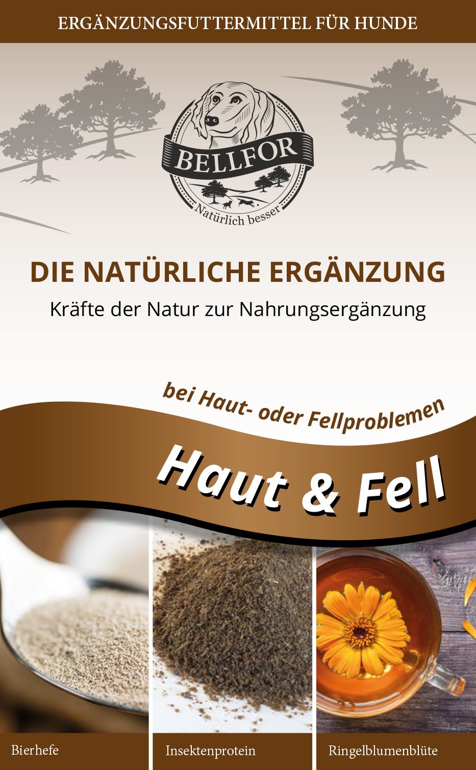 Produktverpackung mit Logo und Text. Haut & Fell-Ergänzung. Abbildungen von Inhaltsstoffen: Bierhefe, Insektenprotein, Ringelblumenblüten.