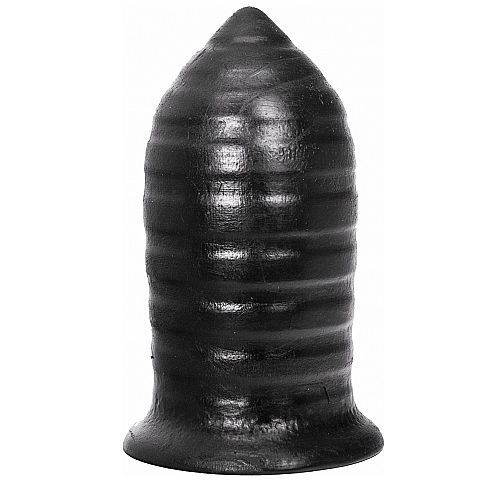 Schwarzer, gerippter Buttplug mit konischer Spitze und breiter Basis.