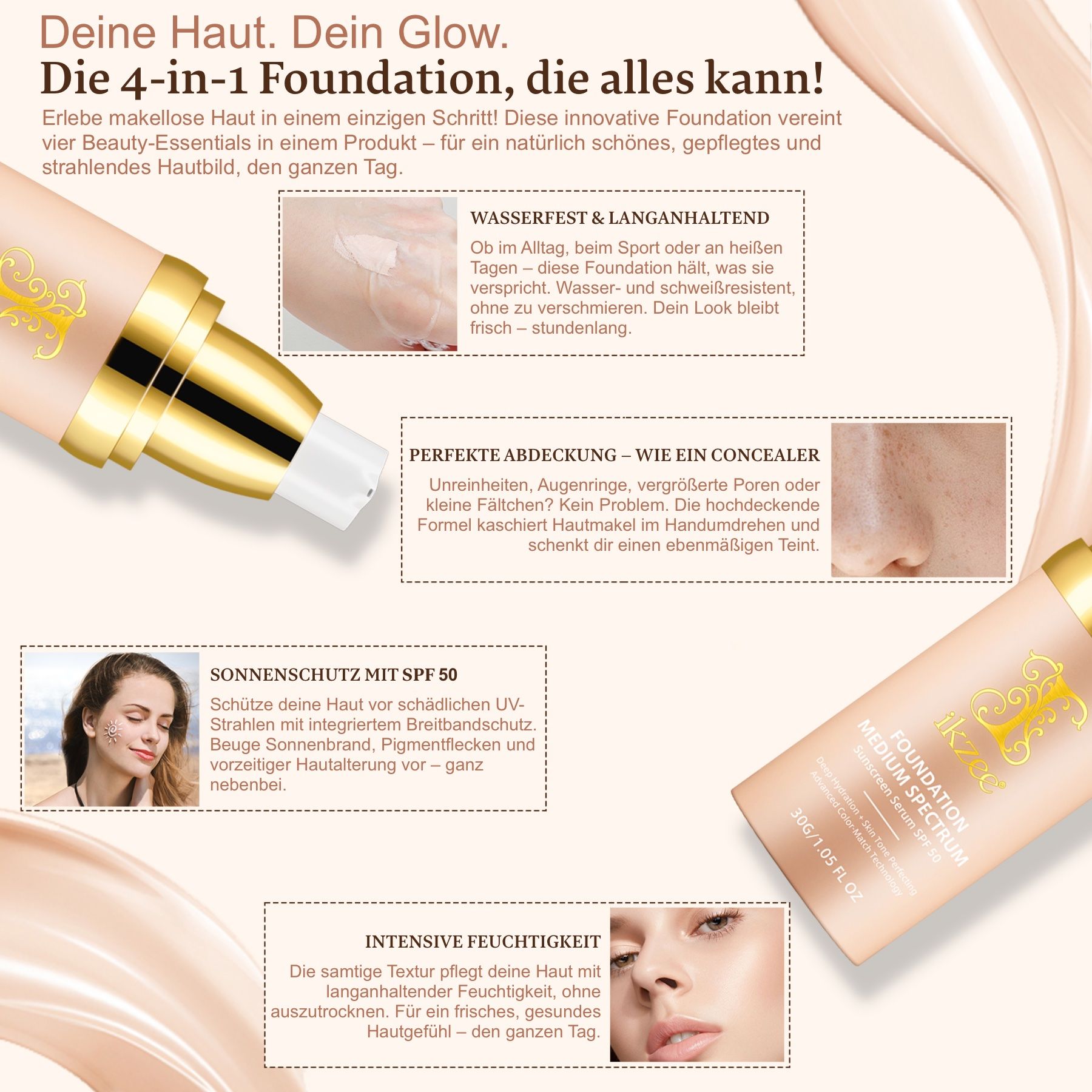 Eine Flasche Foundation mit UV-Schutz. Auf dem Produkt steht "Foundation Medium Spectrum SPF 50".