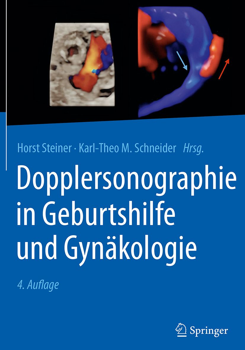 Buchcover: Dopplersonographie in Geburtshilfe und Gynäkologie. Autoren: Steiner, Schneider. Verlag: Springer. Enthält farbige Ultraschallbilder.