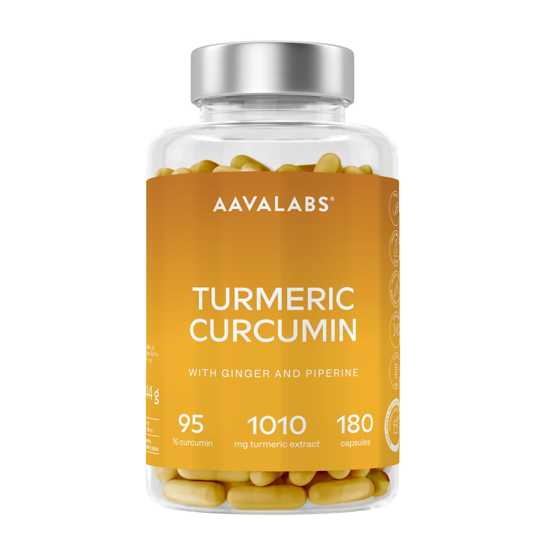 Glasflasche mit Kapseln. Aufschrift: Turmeric Curcumin, mit Ingwer und Piperin. 180 Kapseln.