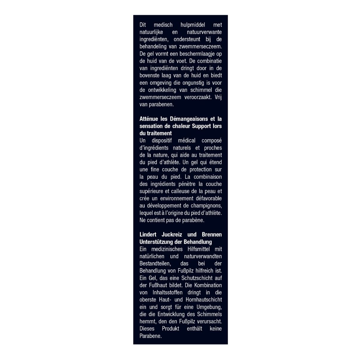 Texte sur le tube de gel. Description des ingrédients et des effets. Texte en néerlandais, français et allemand.