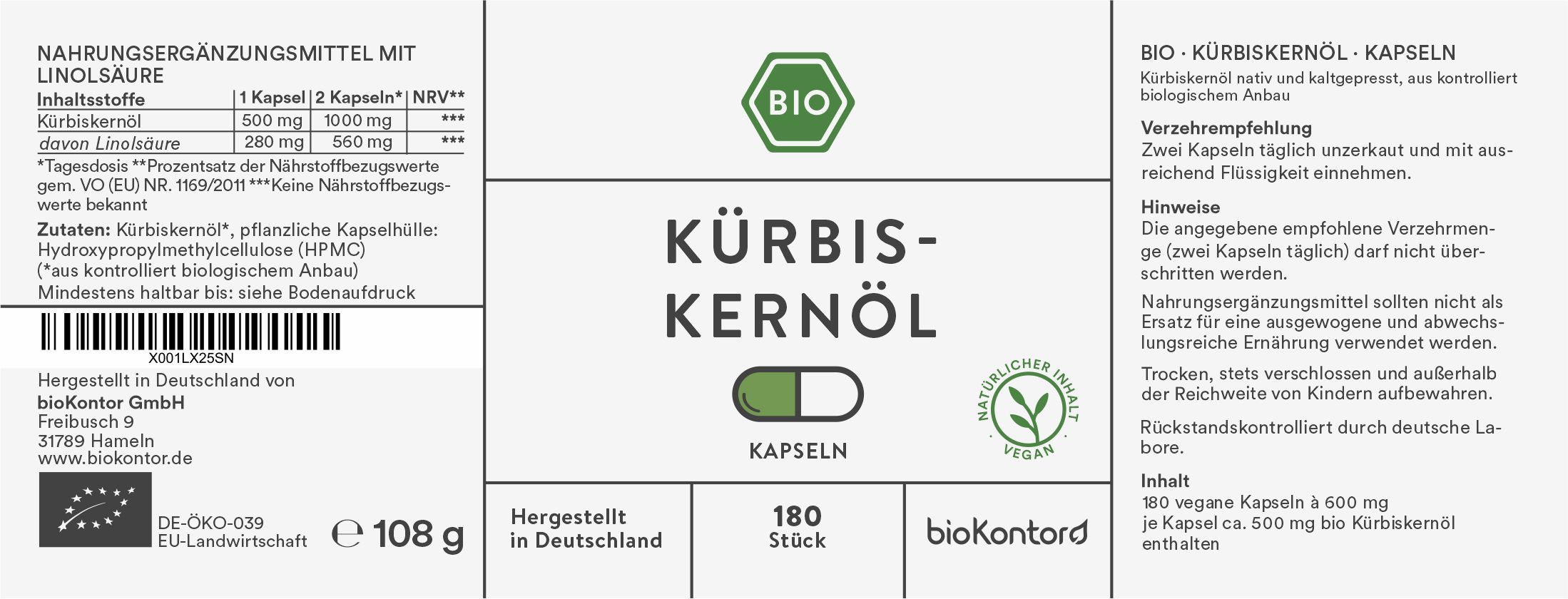 bioKontor Kürbiskernöl Kapseln 108 g