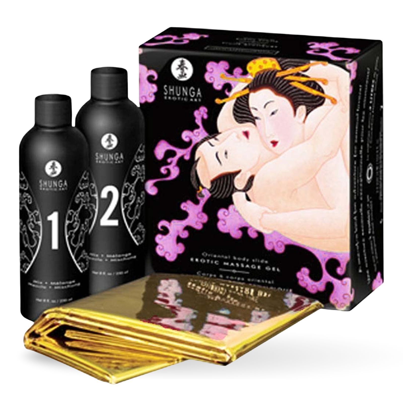 Zwei Flaschen und eine Schachtel mit Produktabbildung. Goldfarbene Folie. Aufschrift: Shunga, Exotic Massage Gel. Oriental Body Slide.