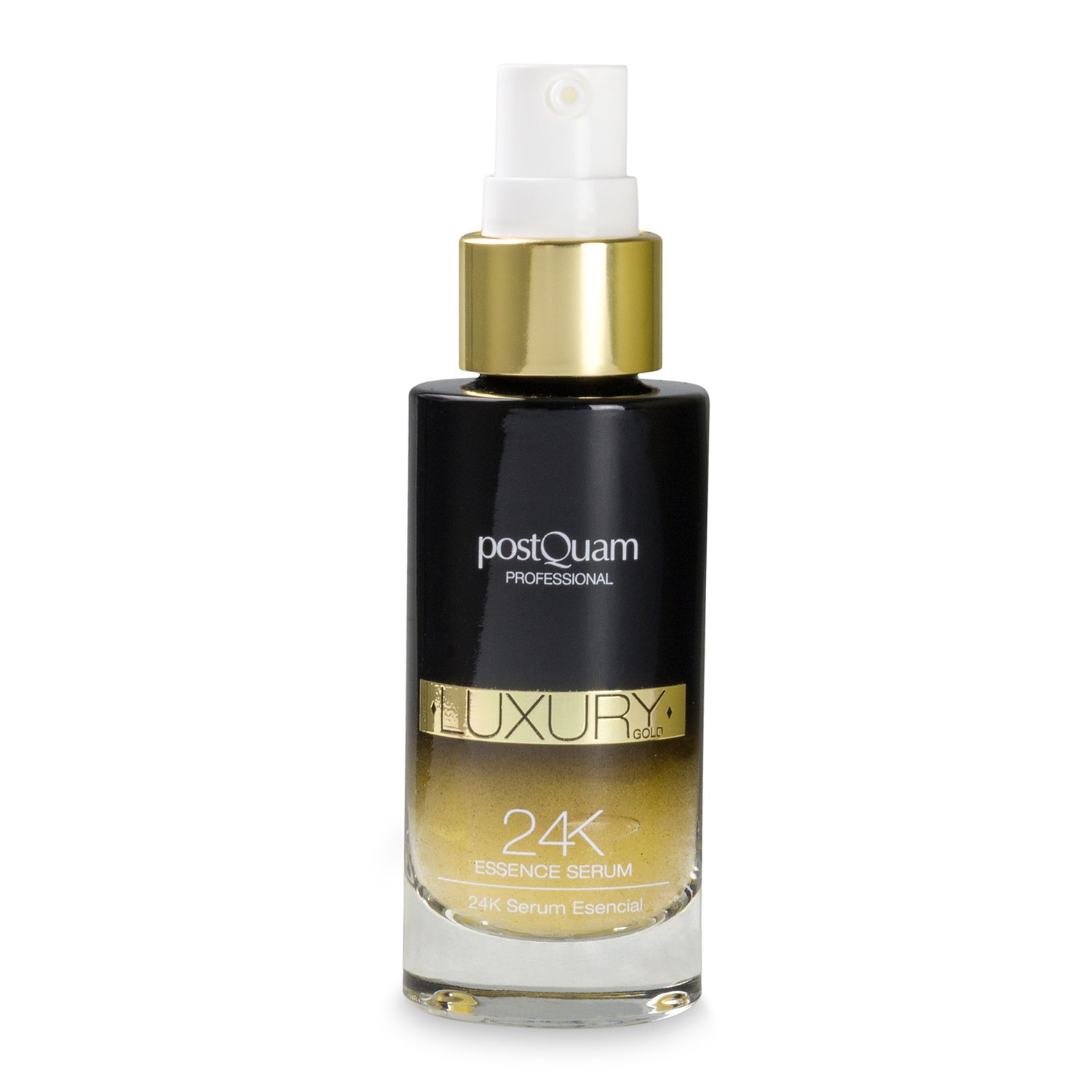 Serumflasche mit goldfarbenem Deckel und Aufschrift "Luxury 24K Essence Serum".