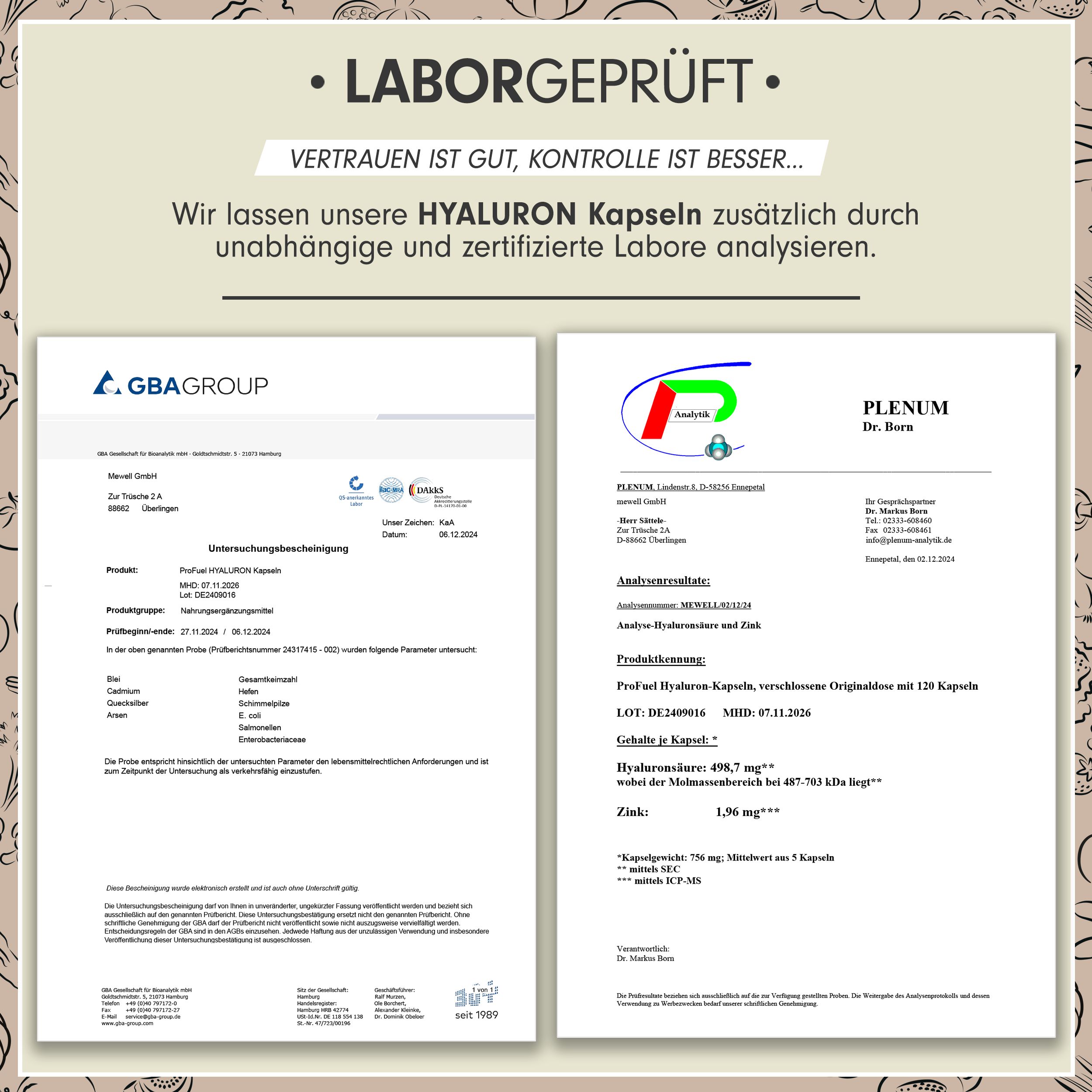 Zwei Laborzertifikate für Hyaluron Kapseln. Ergebnisse von unabhängigen Laboren. Bestätigung der Qualität.