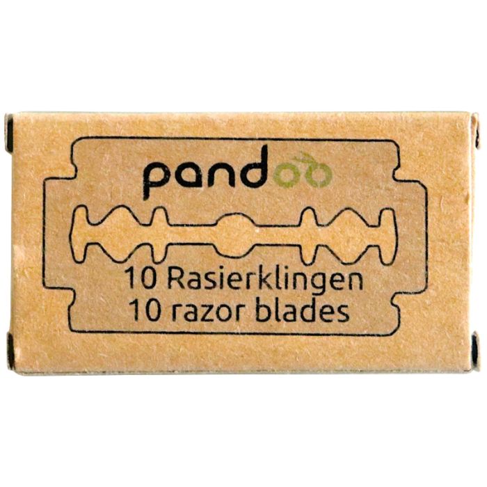Kartonverpackung mit Rasierklingen. Aufschrift: "pandoo", "10 Rasierklingen/10 razor blades". Gezeigt ist eine Rasierklingen-Form.