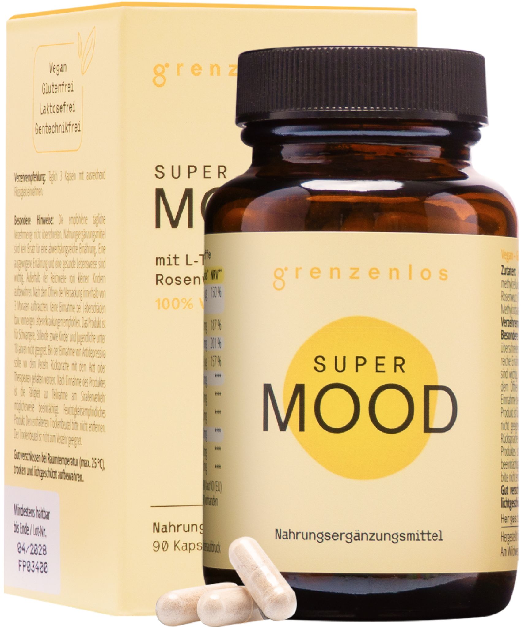 Flasche und Kartonverpackung von "SUPER MOOD". Zwei Kapseln liegen daneben.