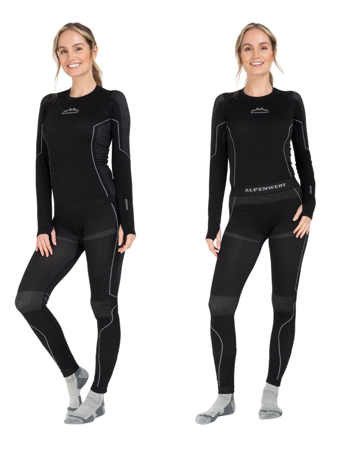 Damen Thermounterwäsche-Set, schwarz, mit Rundhalsausschnitt und langen Ärmeln.