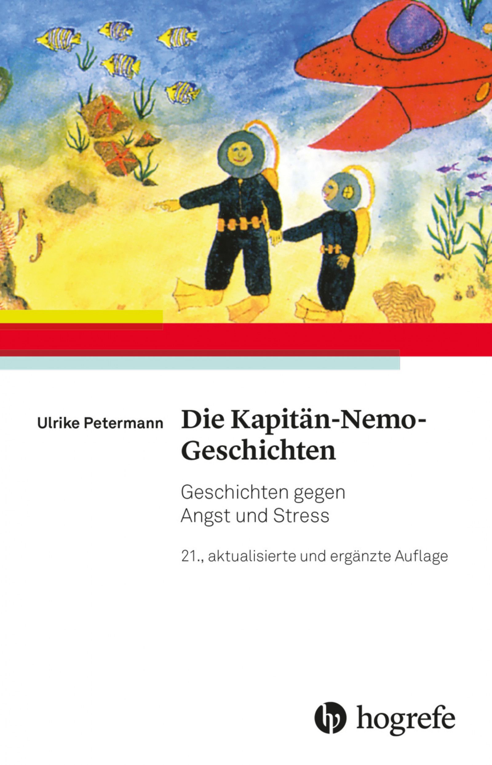 Buchcover: Titel "Die Kapitän-Nemo-Geschichten". Illustration: Taucher unter Wasser, rotes U-Boot. Verlag Hogrefe.