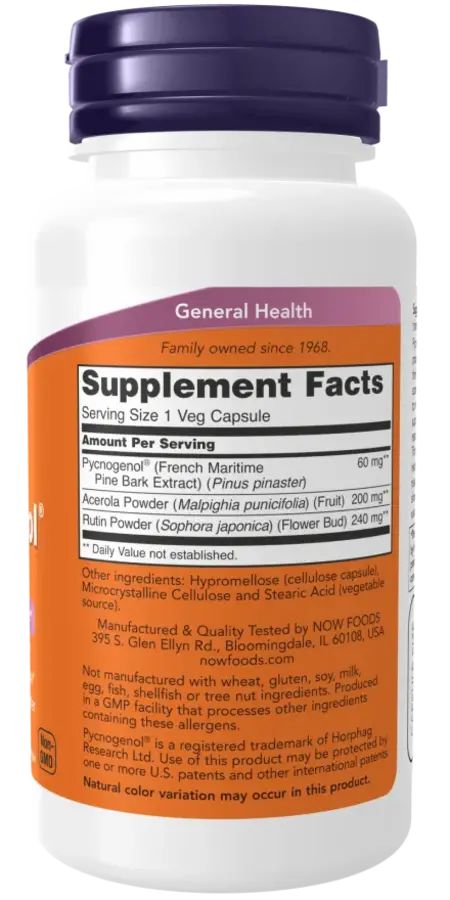Rückseite der Flasche. Etikett mit "Supplement Facts". Inhaltsstoffe: Pycnogenol, Acerola, Rutin. Hergestellt von NOW Foods.