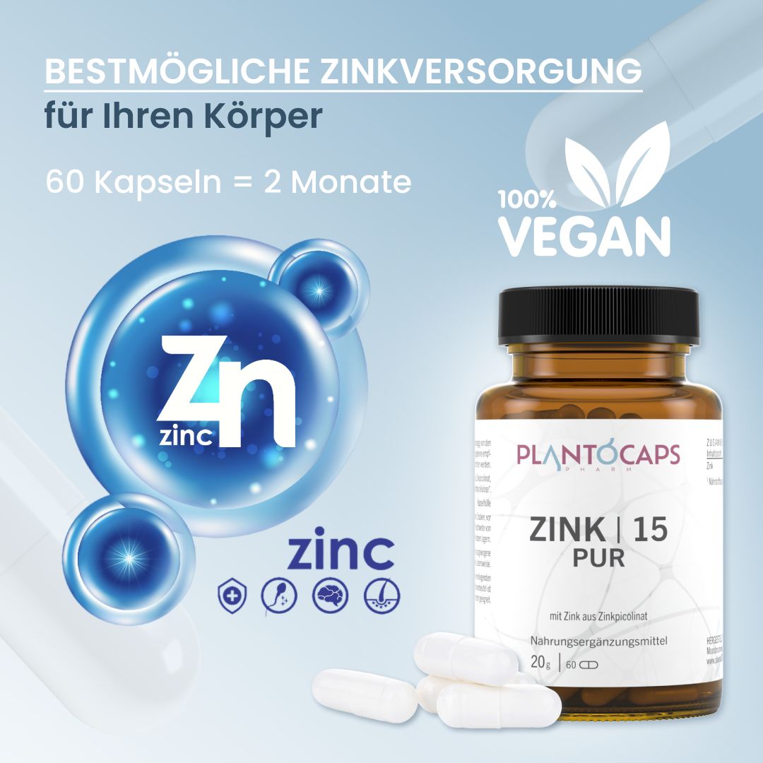 Produktabbildung mit Flasche und Kapseln. Aufschrift: plantoCAPS ZINK | 15 PUR. 60 Kapseln = 2 Monate. 100% Vegan.