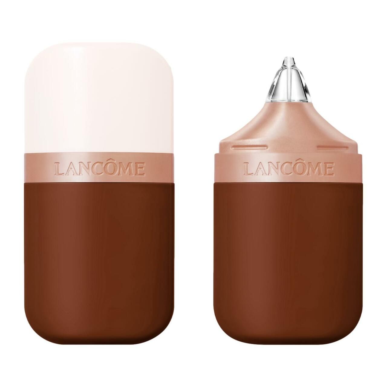 Zwei Flaschen. Links: weiß-braun. Rechts: braun mit Applikator. „Lancôme“ ist sichtbar.