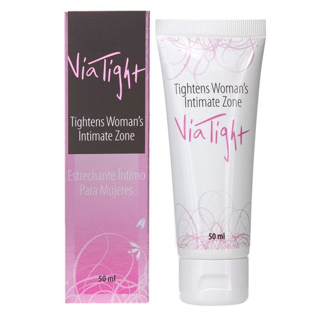 Creme-Tube und Schachtel. Aufschrift: ViaTight, Tightens Woman's Intimate Zone. 50 ml.