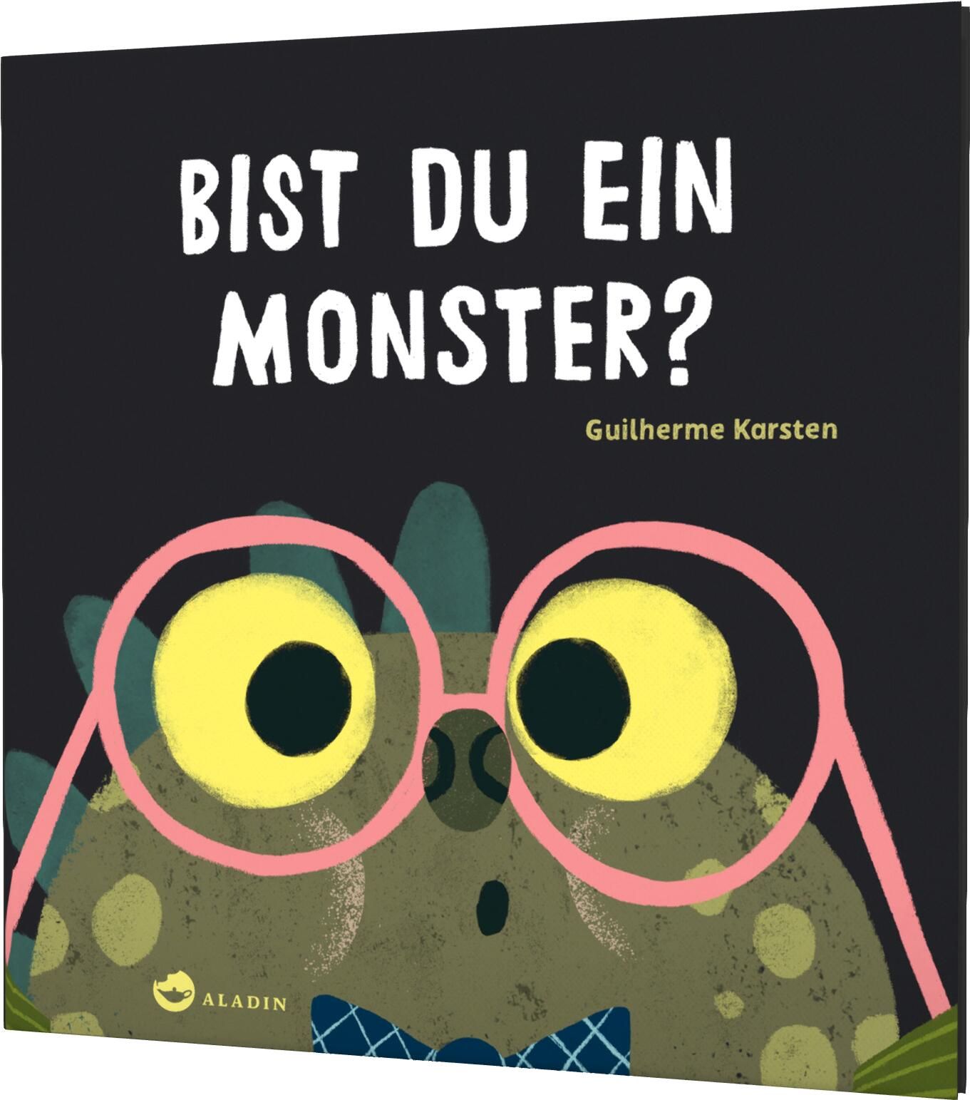 Buchcover: "Bist du ein Monster?" Titel in Weiß. Illustration eines Monsters mit Brille. Aladin-Logo.