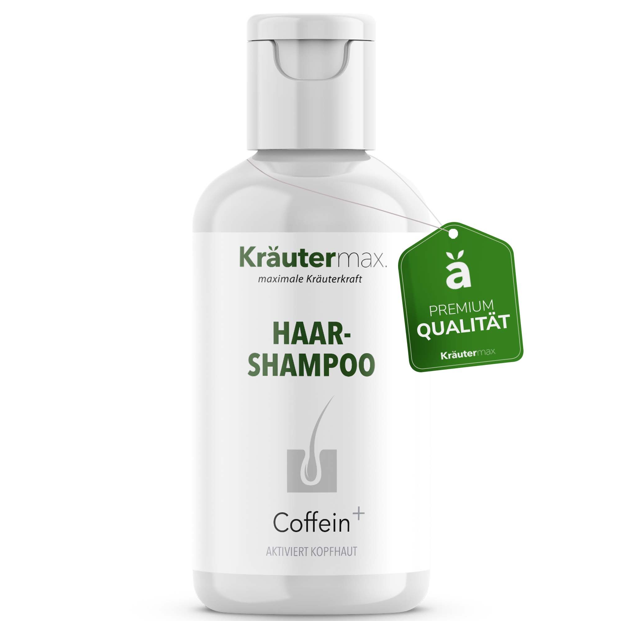 Weißes Shampoo mit grünem Etikett. Aufschrift: Kräutermax Haarshampoo, Coffein+. Grünes Etikett: Premium Qualität.