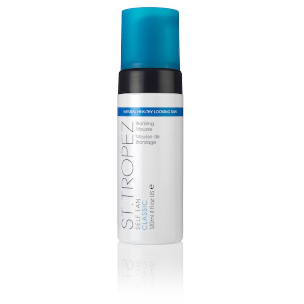 St.Tropez Selbstbräuner-Mousse. Weiße Flasche mit blauem Deckel. Text: Self Tan Classic, Bronzing Mousse.