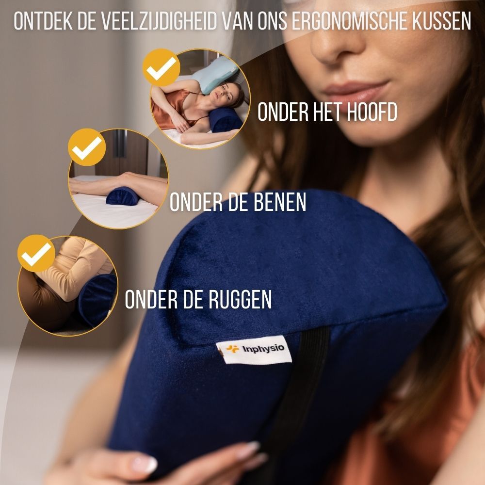Vrouw houdt blauw kussen vast. Tekst: Onder het hoofd, onder de benen, onder de rug. Opschrift: Inphysio.