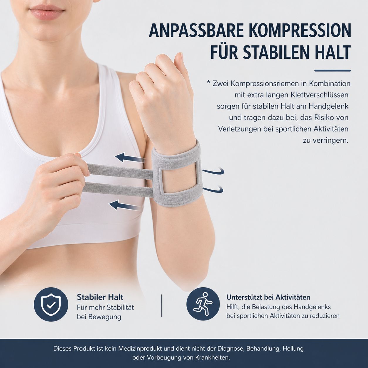 Handgelenkbandage mit Klettverschluss. Graue Farbe. Für stabilen Halt und Unterstützung bei Aktivitäten.