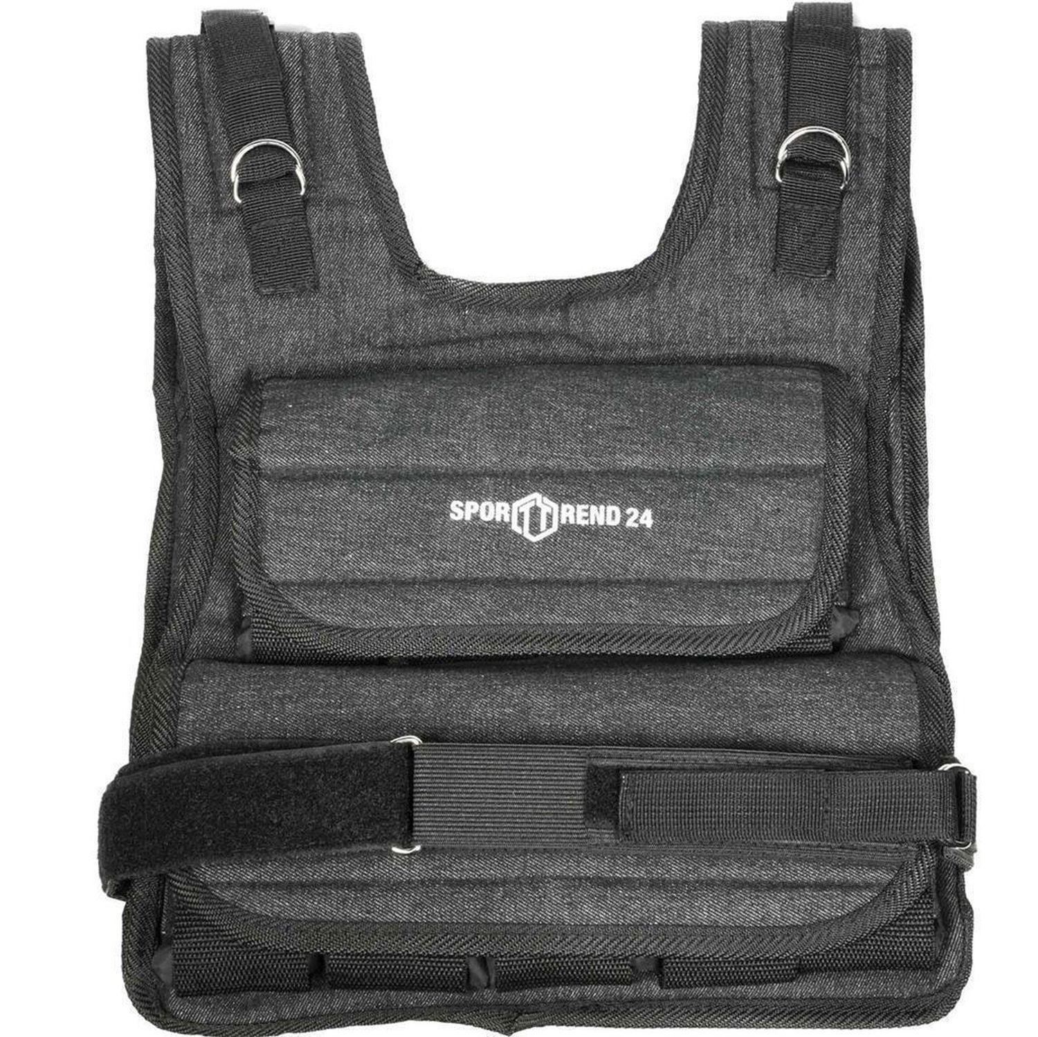 Gewichts-Weste, grau. Mit Logo Sporttrend 24. Verstellbare Gurte, Klettverschluss. D-Ringe an den Schultern.