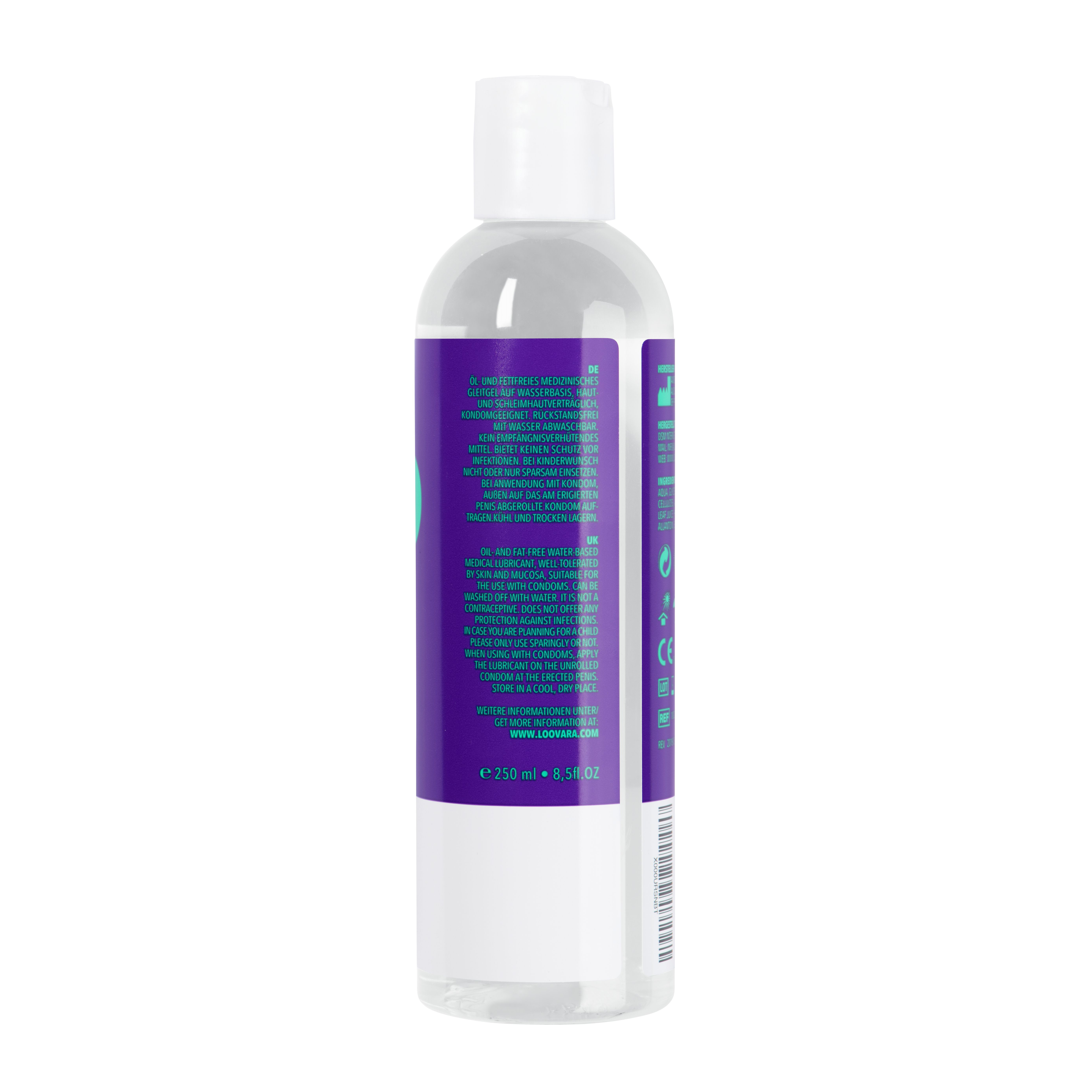 Transparente Flasche mit weißem Deckel und lila Etikett. Text und Barcode. 250 ml.