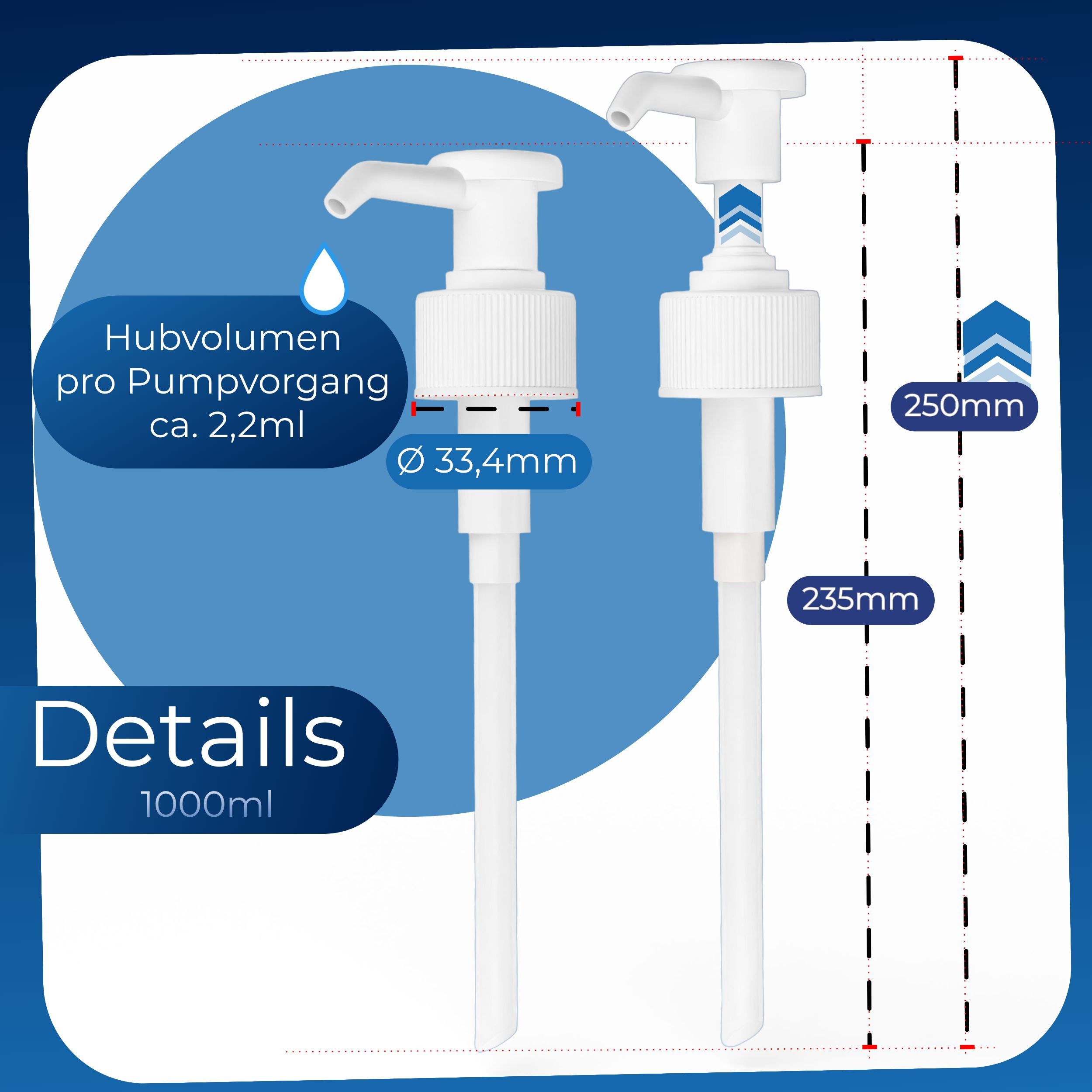 Dosierpumpe mit weißem Pumpkopf. Maße: Durchmesser 33,4mm, Höhe 250mm, Röhre 235mm. Hubvolumen ca. 2,2ml.