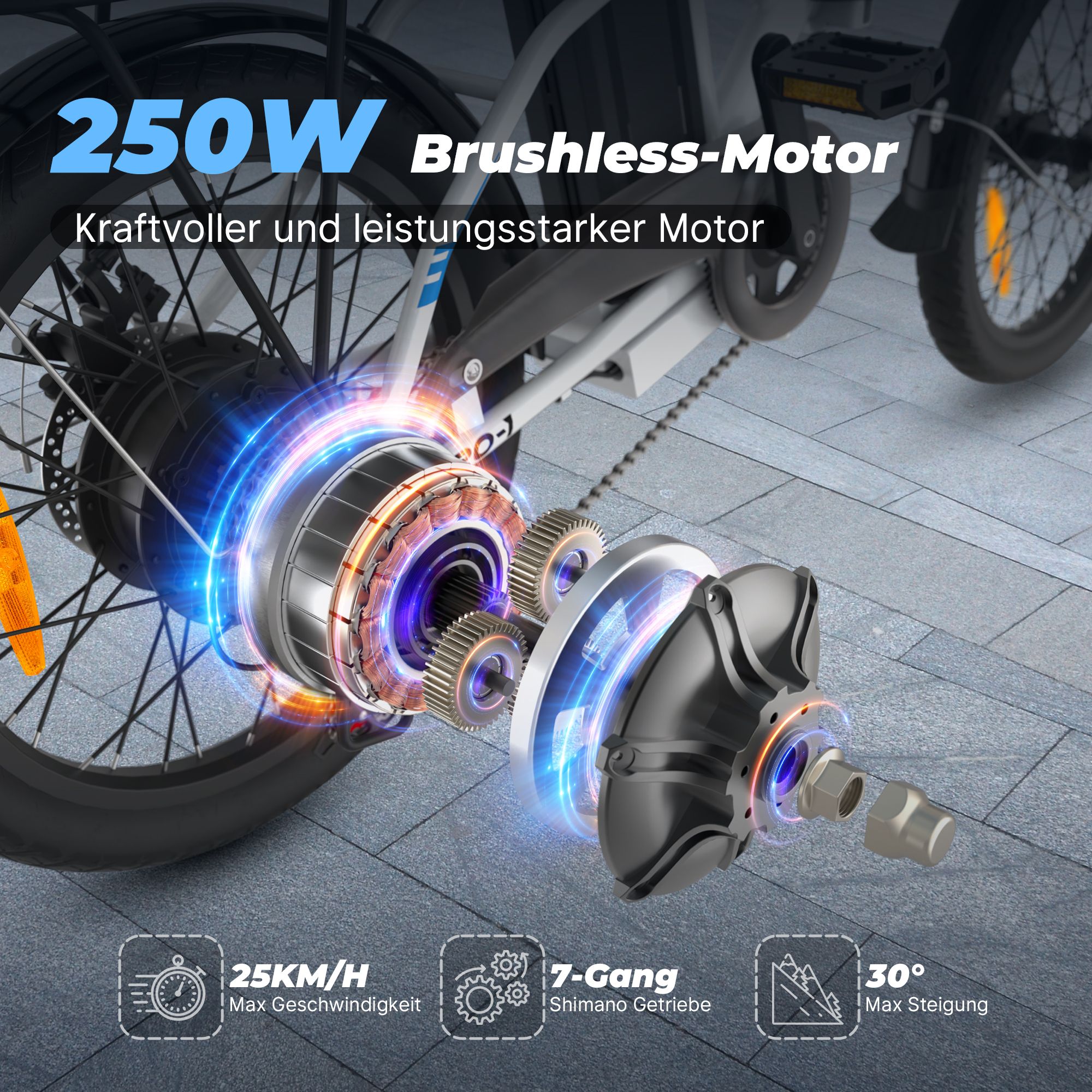 E-Bike-Motor. 250W bürstenloser Motor. 25KM/H max. Geschwindigkeit. 7-Gang Shimano Getriebe. 30° max. Steigung.