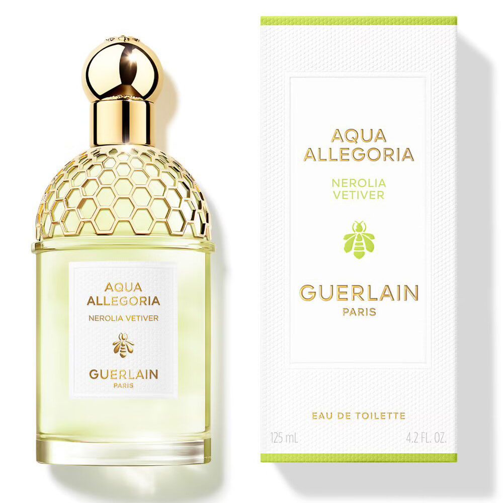 Parfümflakon und Verpackung. Flakon mit goldfarbenem Deckel, Wabenmuster. Verpackung: AQUA ALLEGORIA, NEROLIA VETIVER, Guerlain.