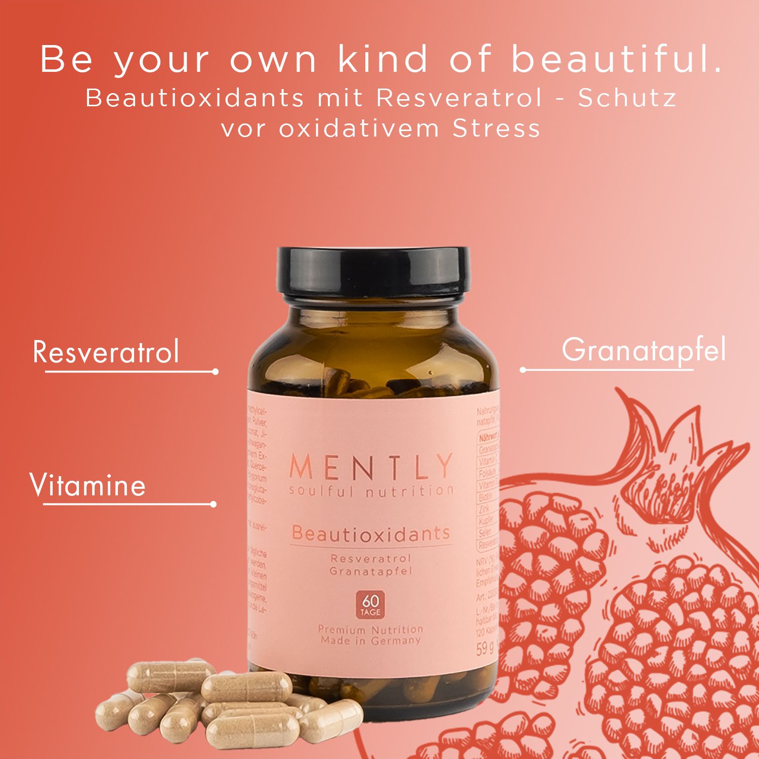 Braune Glasflasche mit Kapseln. Aufschrift: MENTLY Beautioxidants mit Resveratrol & Granatapfel. 60 Kapseln.