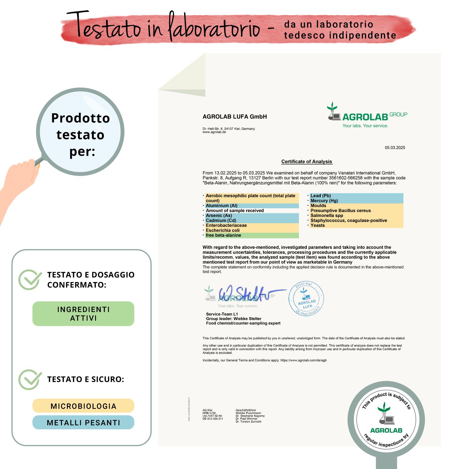 Rapporto di laboratorio. Testo e loghi di AGROLAB LUFA GmbH. Conferma degli ingredienti e della microbiologia.